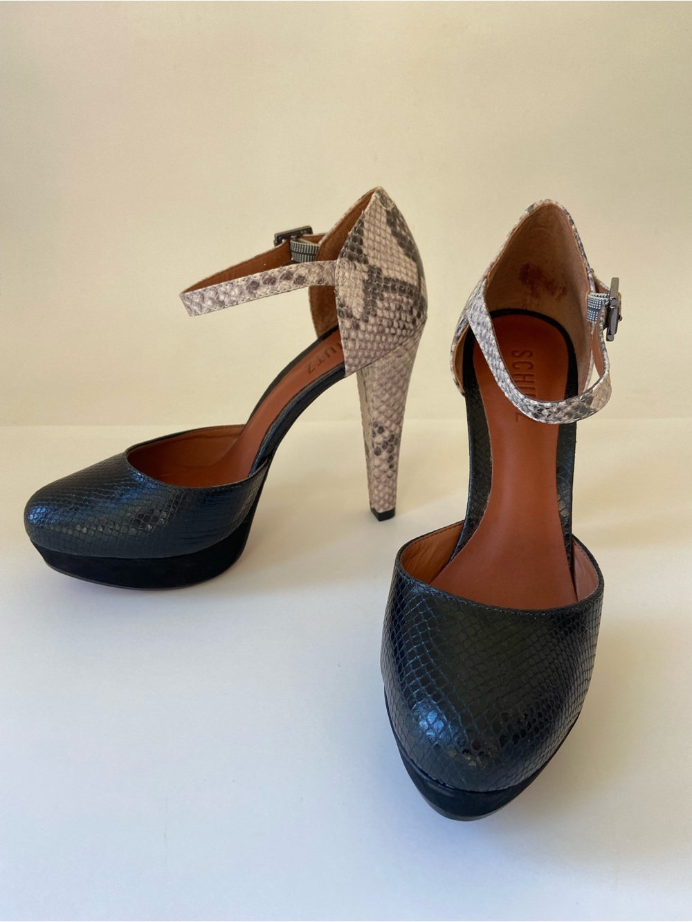NWT Schutz Black Leather Platform Pumps with Snake-Print Ankle Strap